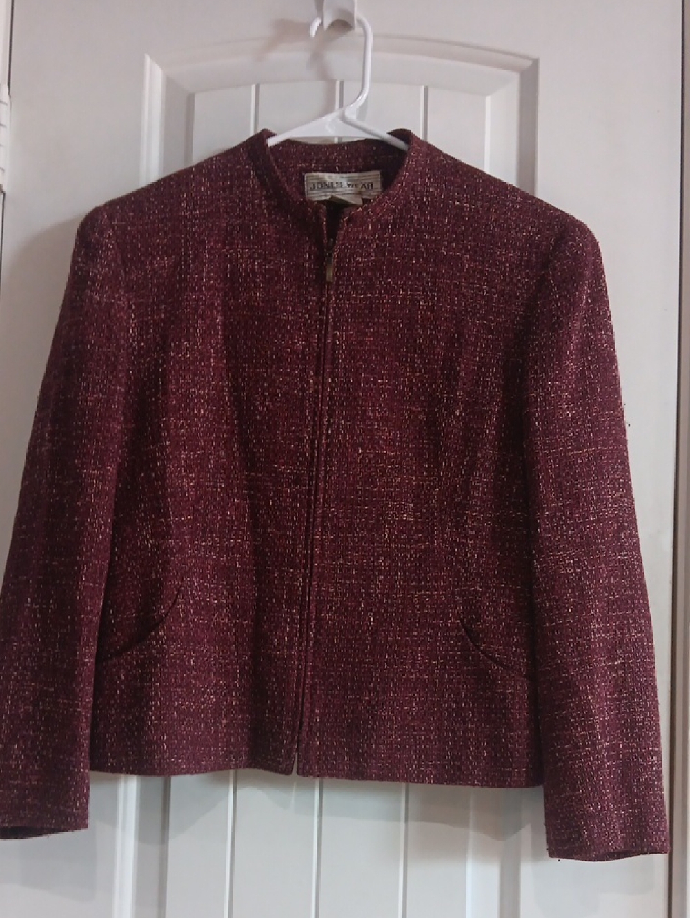 Vtg Jones Wear Maroon Bouclé Textured Zipper Blazer Jacket Sz 4